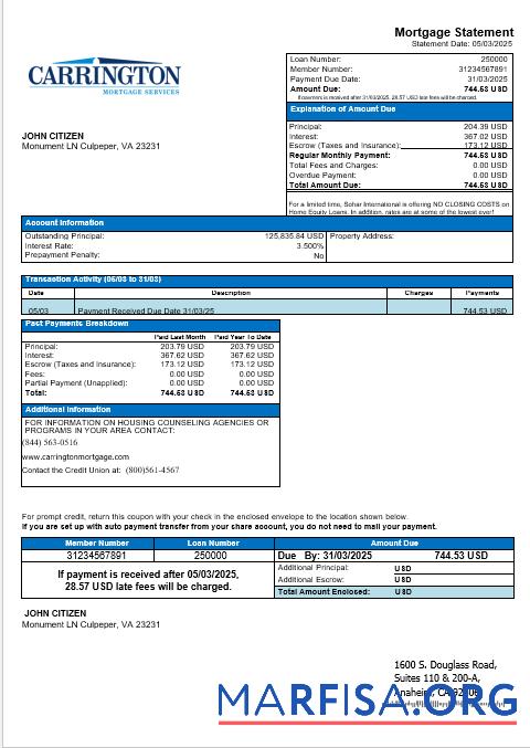 Blank USA Carrington Mortgage Services bank mortgage statement in Word and PDF formats real example